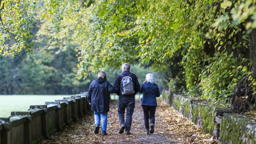 Three people walking side by side down a path that is surrounded by trees whose leaves are starting to show the colours of autumn. Yellow, orange and green leaves are starting to fall to the ground.